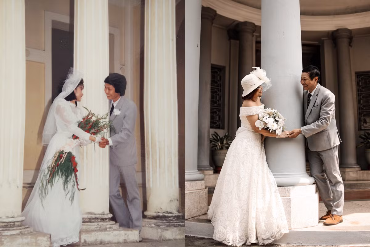 Doi vo chong tai hien bo anh cuoi tu 30 nam truoc