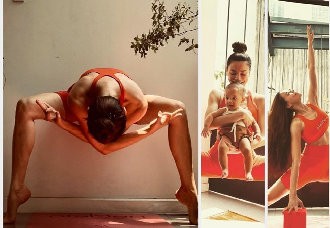 “Mỹ nhân phòng tập” chọn bộ đồ đẹp và phù hợp nhất cho cả 2 bộ môn yoga và gym. Cô còn đưa con vào các bức hình để trở nên sinh động và gần gũi.