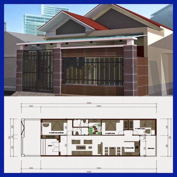 Ngôi nhà mái tôn này có diện tích 7x18m, bản thiết kế chia thành 2 phần theo chiều dọc với 3 phòng ngủ, 2 WC
