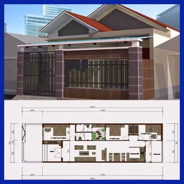 Ngôi nhà mái tôn này có diện tích 7x18m, bản thiết kế chia thành 2 phần theo chiều dọc với 3 phòng ngủ, 2 WC