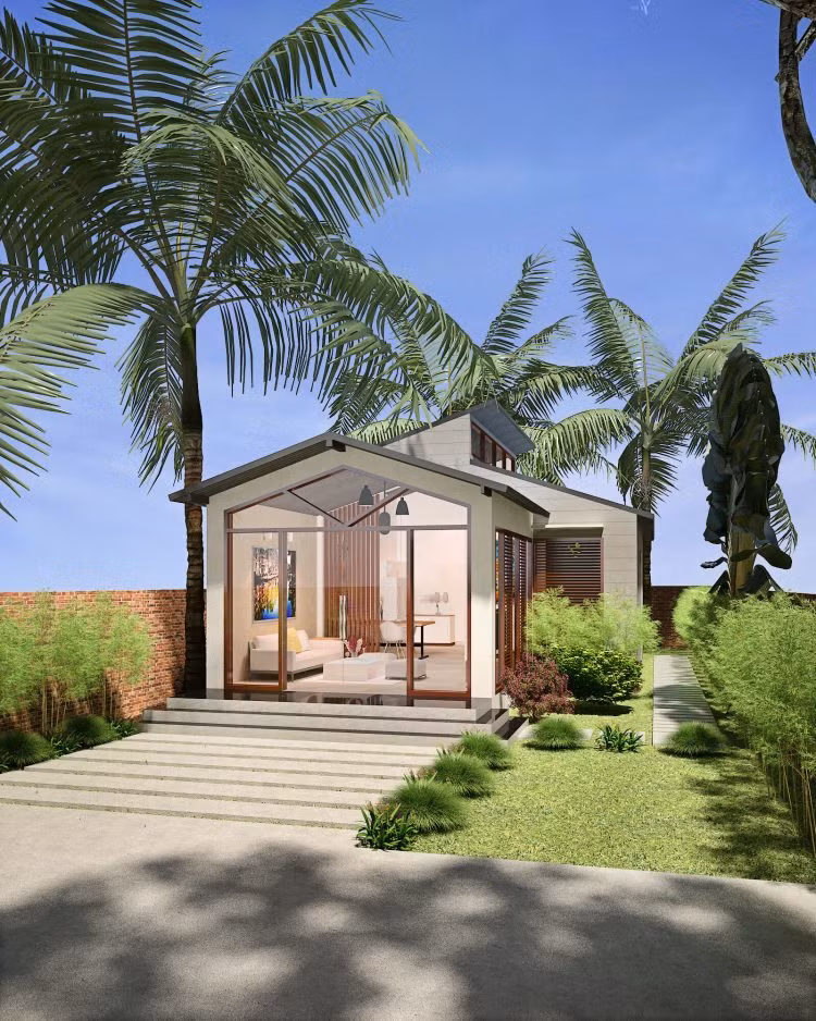 Nhà ống cấp 4 mái tôn có cửa kính rộng để lấy sáng, giúp mặt tiền trông thông thoáng và rộng rãi hơn