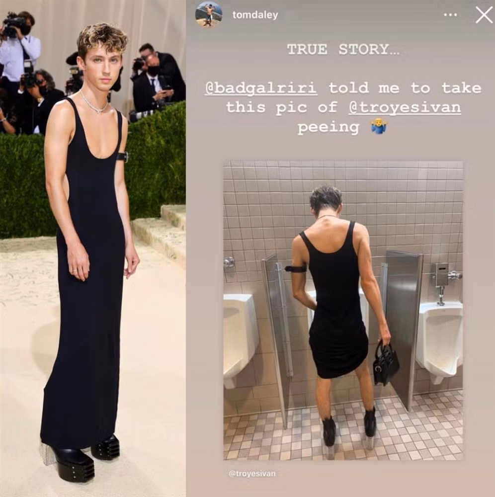 Là một người bạn khá thân, Rihanna có vẻ tò mò về cách Troye Sivan...đi vệ sinh thế nào trong bộ đầm ấy nên đã nhờ Tom Daley - vận động viên Olympic môn nhảy cầu người Anh chụp lại cảnh này. 2 người còn thoải mái chia sẻ lên Instagram khiến netizen được một phen tranh cãi.