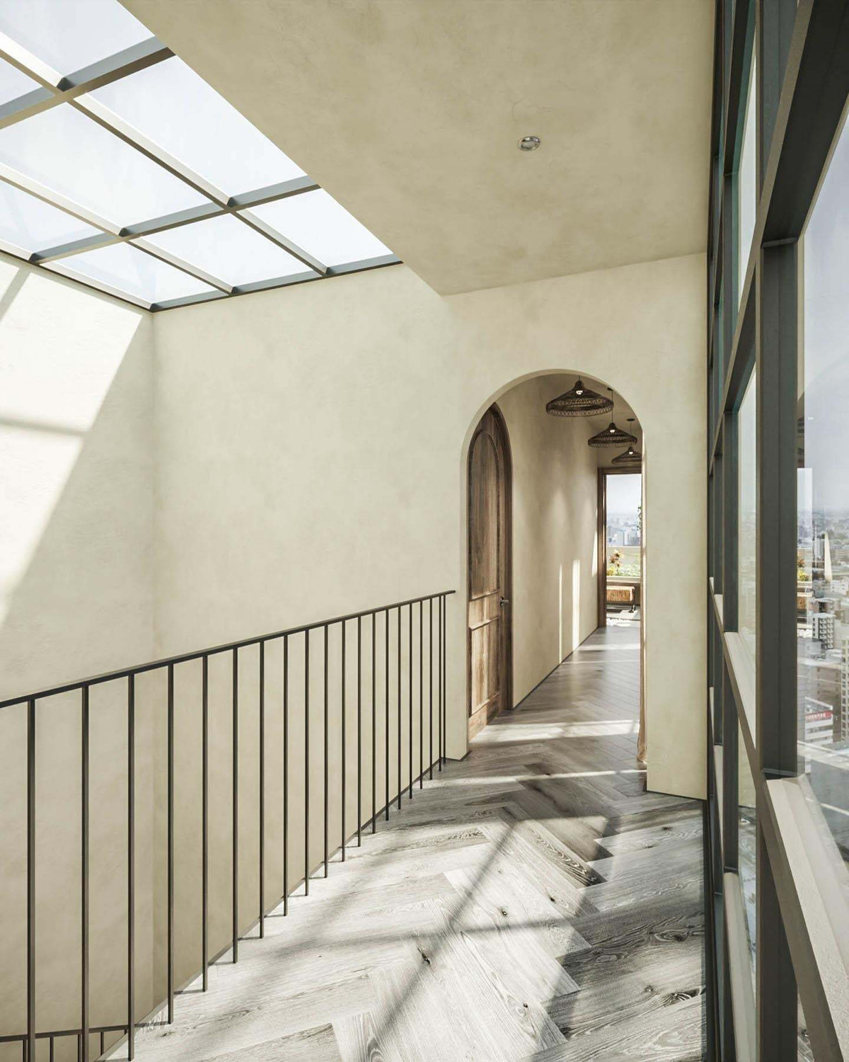 Hành lang dẫn lên sân thượng cũng được sử dụng tối đa cửa kính lấy ánh sáng.