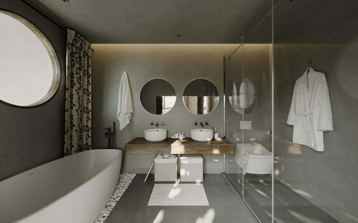 Mỗi phòng vệ sinh mang một bố cục khác nhau nhưng luôn thể hiện rõ tinh thần Rustic.