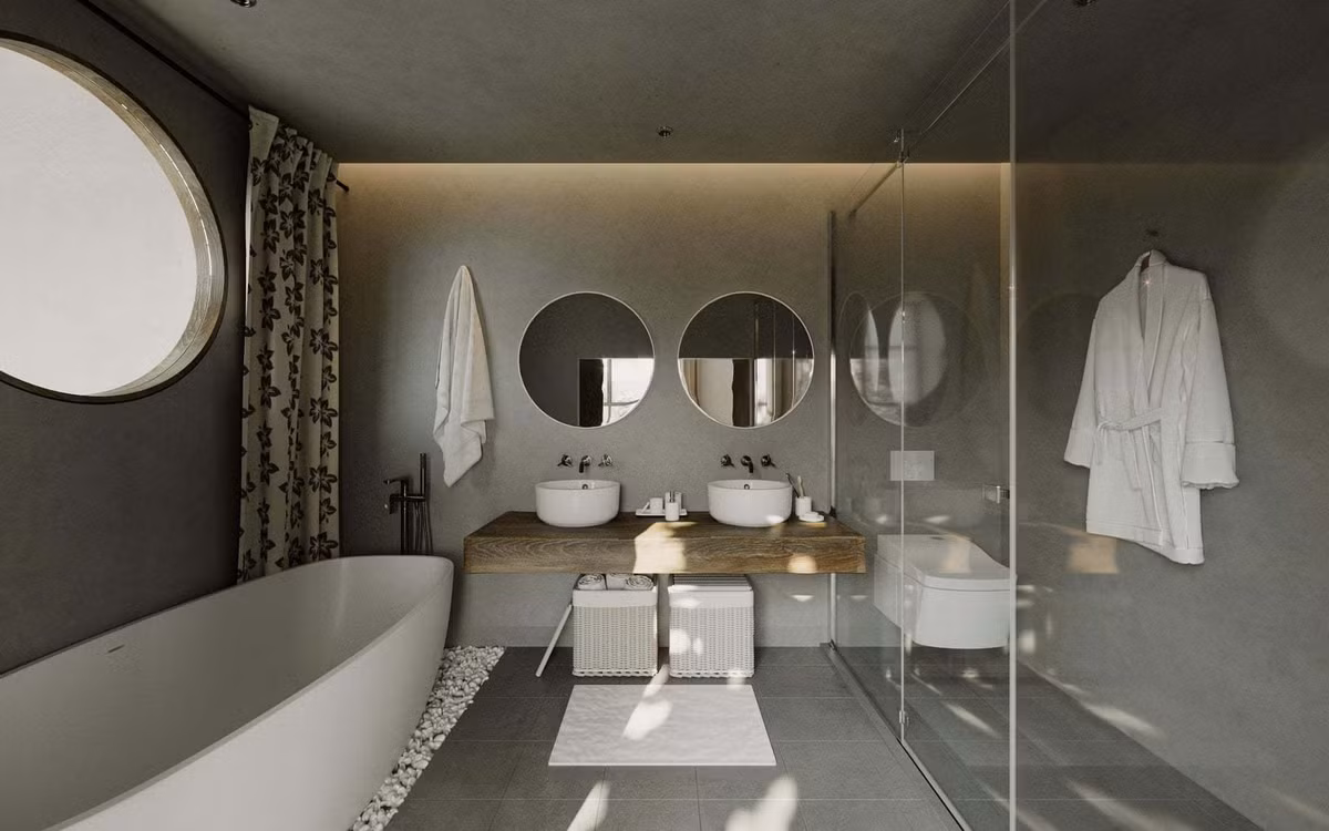 Mỗi phòng vệ sinh mang một bố cục khác nhau nhưng luôn thể hiện rõ tinh thần Rustic.