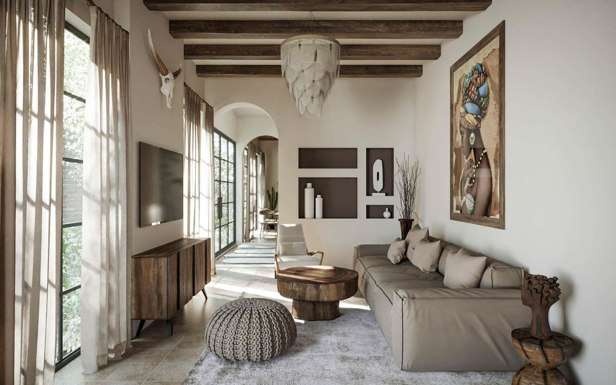 br/> Gỗ và đá tự nhiên là hai vật liệu không thể thiếu trong phong cách thiết kế này. Gỗ, đá biểu trưng cho những gì sơ khai nhất của thiên nhiên.