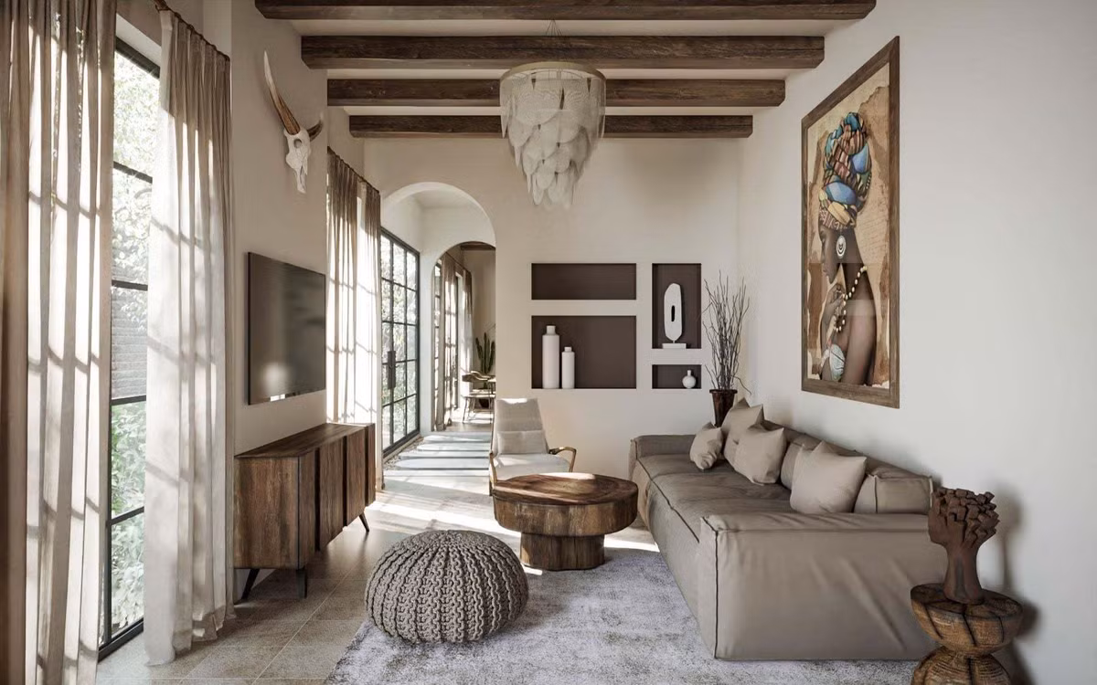 br/> Gỗ và đá tự nhiên là hai vật liệu không thể thiếu trong phong cách thiết kế này. Gỗ, đá biểu trưng cho những gì sơ khai nhất của thiên nhiên.