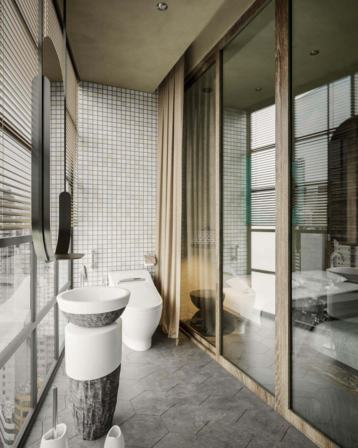 Ánh sáng từ mặt trời không chỉ đem lại không gian trong lành mà còn hỗ trợ tăng độ tươi sáng cho các màu sắc ứng dụng trong thiết kế nội thất Rustic Home. Phòng vệ sinh ngăn cách với phòng ngủ bằng khung cửa kính. Kiến trúc sư đặt phòng vệ sinh ở đây giúp giảm nhiệt cho phòng ngủ.