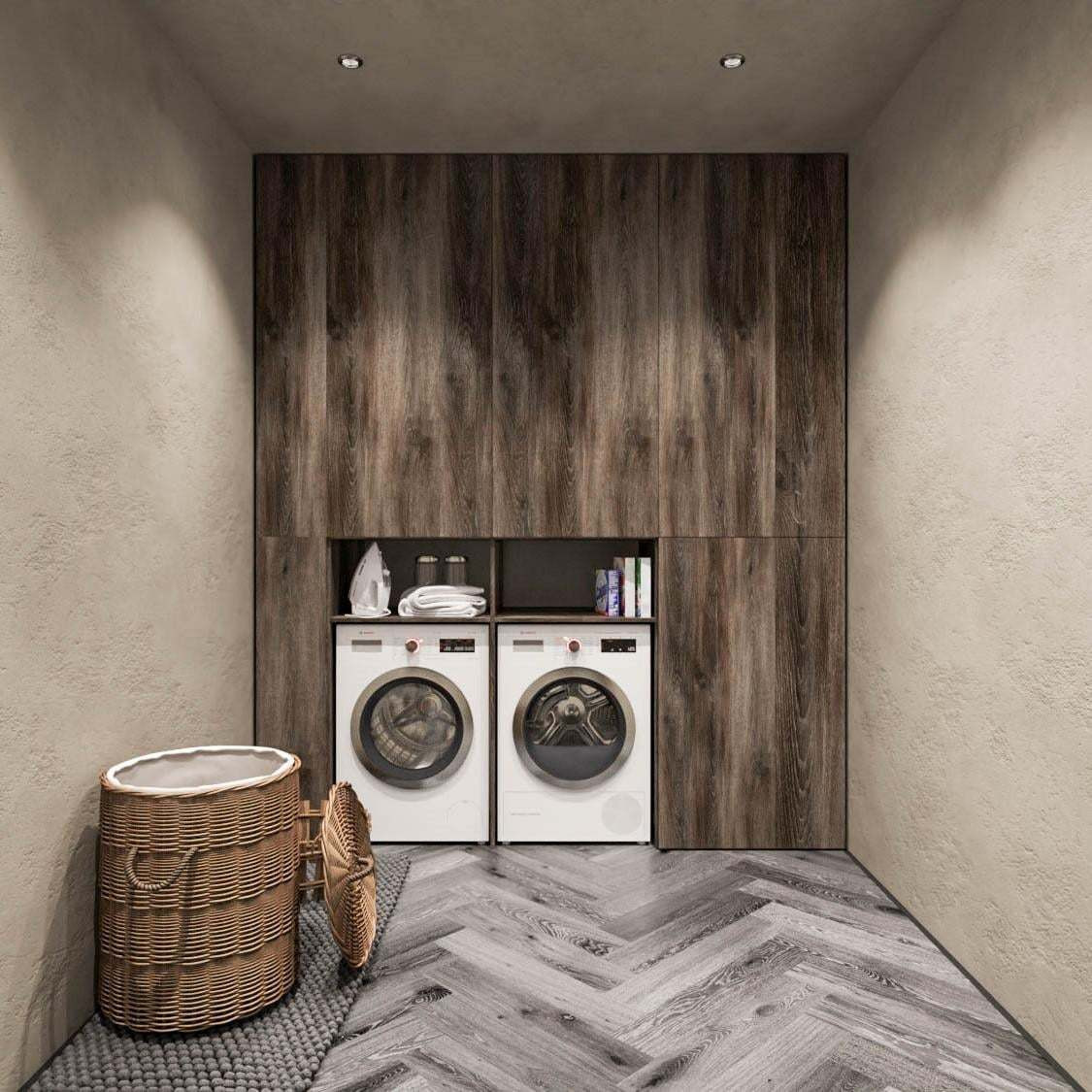 br/> Phòng giặt đồ với sàn gỗ lát xương cá, tạo hiệu ứng về không gian.