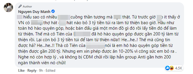 Duy Manh gay tranh cai khi mia mai cach lam tu thien cua Thuy Tien