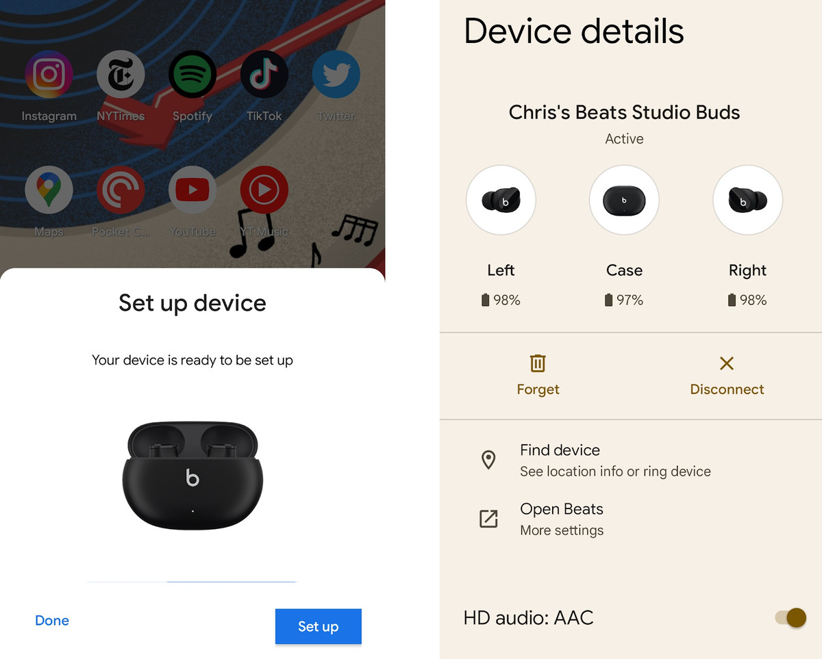 Một số tính năng của Beats Studio Buds được tối ưu cho smartphone Android như cổng sạc USB-C, Fast Pair để kết nối nhanh và liên kết với tài khoản Google, kiểm tra thời lượng pin củ tai, hộp sạc trong phần cài đặt. Tuy nhiên, tai nghe không hỗ trợ kích hoạt nhanh trợ lý ảo Google Assistant. Ảnh: The Verge.