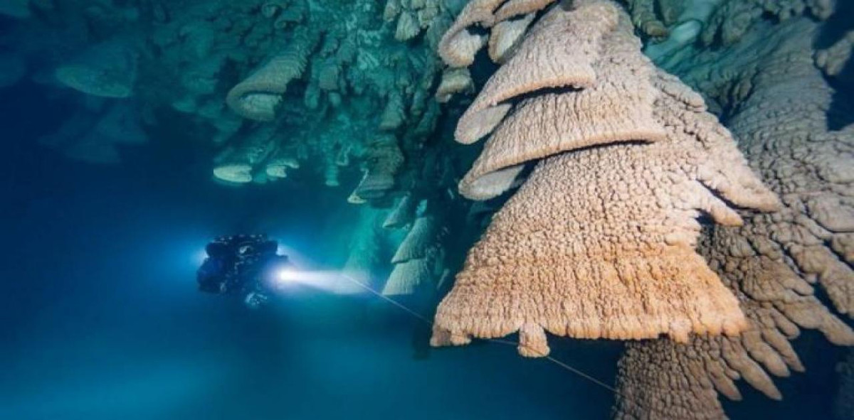 Ẩn dưới lòng hố sụt này là những khối thạch nhũ hình thành với trạng thái đặc biệt - hình nón rỗng trông như chuông. Các thợ lặn gọi chúng là "Chuông địa ngục", theo tên một bài hát của ban nhạc rock AC/DC. Ảnh: Inspiredtodive.