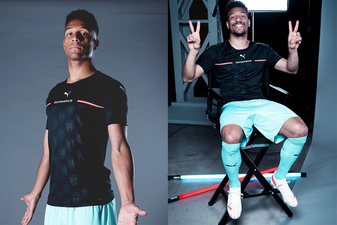  Áo (sân khách): Nhà thiết kế đã có nước đi táo bạo khi chuyển logo của tuyển Áo thành các họa tiết in chìm trên khắp thân. Trang phục thi đấu này vẫn có độ nhận diện cao khi ở giữa ngực là dòng chữ "Osterreich" - tên của quốc gia Trung Âu. Áo đấu màu đen kết hợp cùng quần và tất xanh tạo điểm nhấn cho David Alaba cùng đồng đội mỗi khi ra sân.