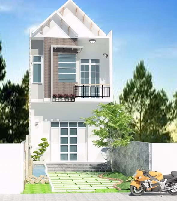 Với ngân sách hạn chế chỉ từ 500 triệu, gia chủ nên chọn những mẫu thiết kế đơn giản về đường nét nhưng vẫn tạo được điểm nhấn. Như mẫu nhà này có mái thái dốc xếp lớp màu trắng tinh khôi, hệ cửa màu nâu cùng với mảng tường giật cấp chính là điểm nhấn khác biệt