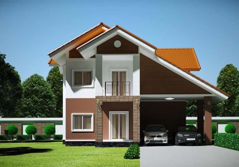 Cũng là mái thái nhưng là mái thái lệch sáng tạo mang đến nét độc đáo cho căn nhà này. Gara ô tô đặt ngay dưới mái nhà tạo nên kiến trúc mới lạ và rất thu hút