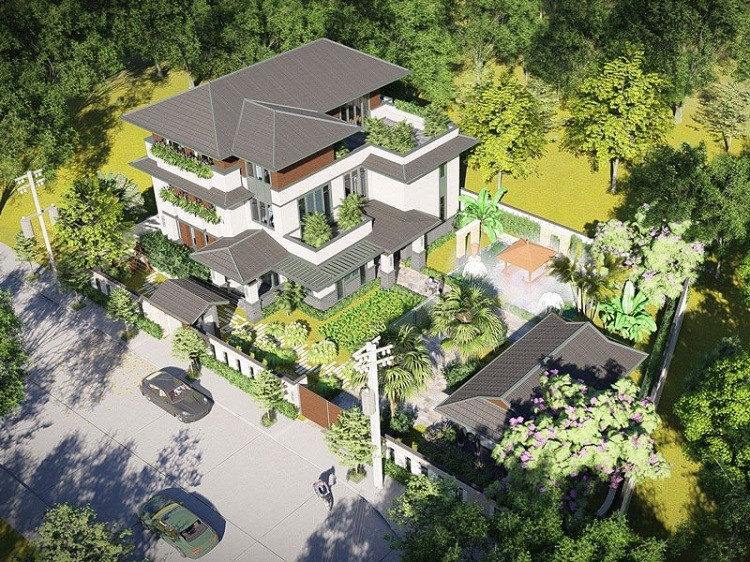 Nhìn tổng thể, căn biệt thự phong cách tân cổ điển này có một bố cục chặt chẽ, mái thái được xếp chồng lên nhau, đường nét đơn giản nhưng ấn tượng khi được đan xen với gam màu xanh của cây cỏ