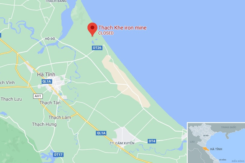 br/> Mỏ sắt Thạch Khê, huyện Thạch Hà, Hà Tĩnh (chấm đỏ). Ảnh: Google Maps. 