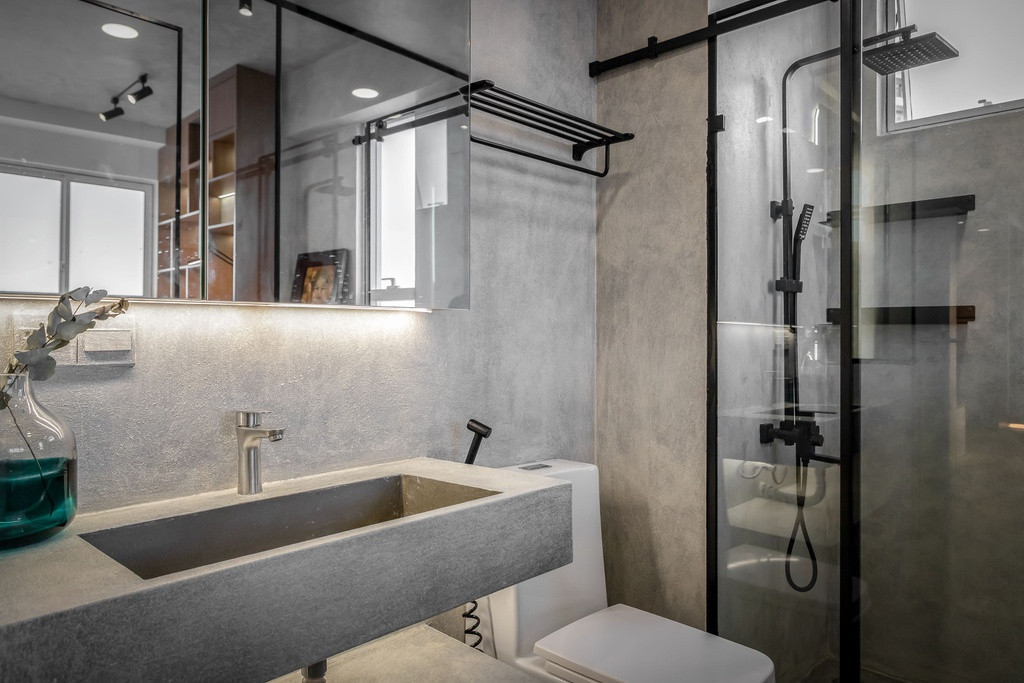 br/> Phòng tắm được thiết kế theo lối mở thông thoáng, màu sắc nam tính.