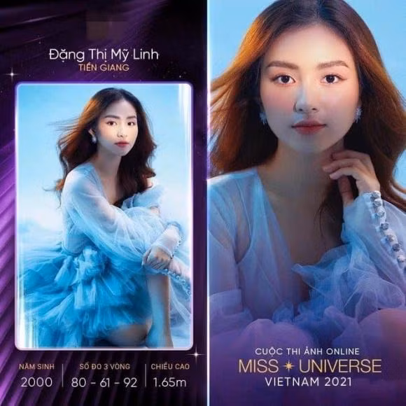 Đang theo học ngành Tài chính - Ngân hàng tại Đại học Văn Lang, Đặng Thị Mỹ Linh (sinh năm 2000) đến từ Tiền Giang, đã gạt bỏ sự rụt rè và tự ti về bản thân để quyết định đăng ký tham gia cuộc thi ảnh online Hoa hậu Hoàn vũ Việt Nam 2021 để khám phá những điều mới mẻ trong cuộc sống, đồng thời cô khẳng định thông điệp “Bạn luôn xinh đẹp theo cách riêng của mình”.Mới vừa đăng ký dự thi, nhan sắc của cô nàng đã khiến fanpage Hoa hậu Hoàn vũ Việt Nam "bùng nổ" khi trở thành thí sinh dẫn đầu bình chọn với hơn 15 nghìn lượt thích và 4 nghìn lượt bình luận. Vẻ đẹp thuần khiết của nữ sinh Tiền Giang nhận được vô vàn lời khen từ cộng đồng mạng.