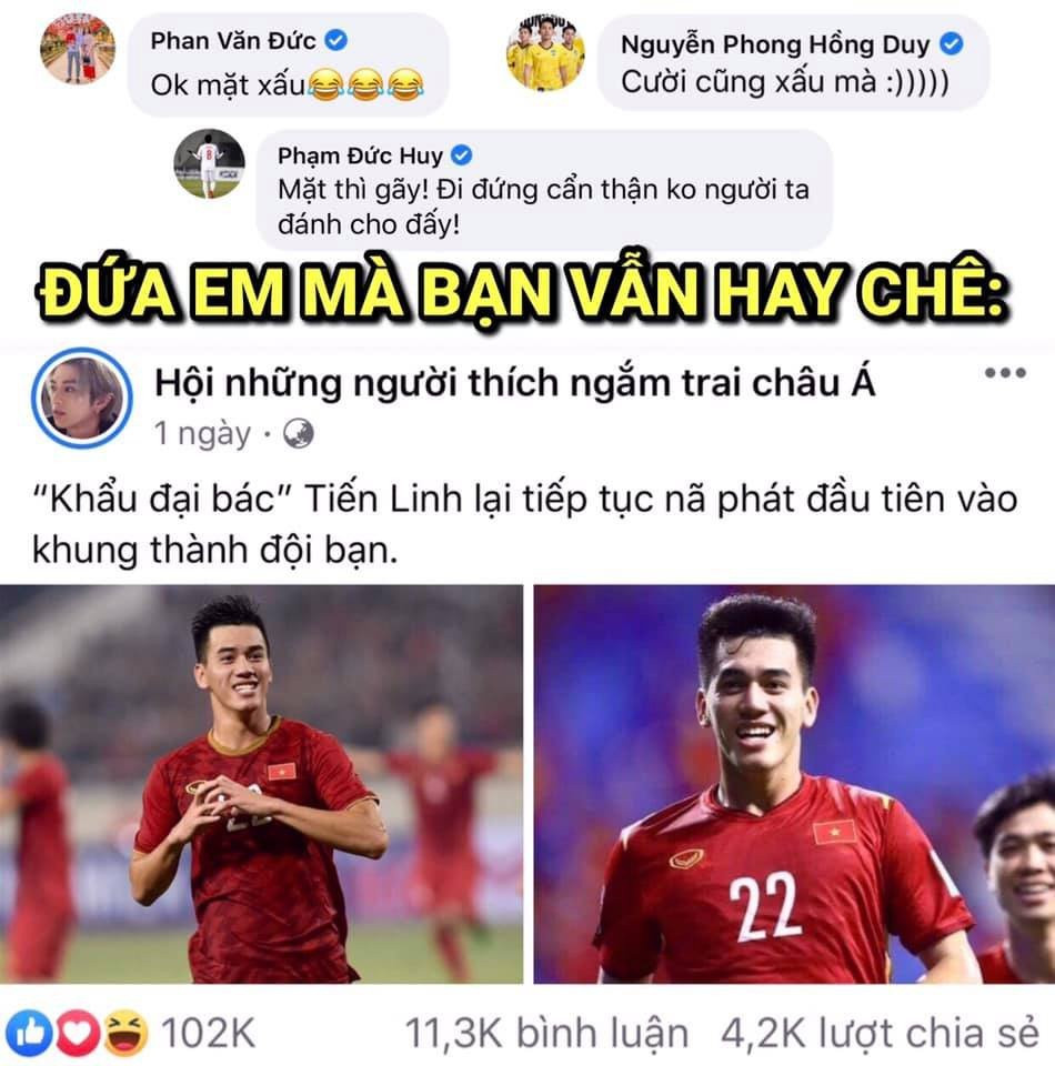 Liên tục lập thành tích trên sân cỏ, song Tiến Linh lại bị các đàn anh trong đội gọi bằng biệt danh "Linh phá đội", bởi anh chàng có tính cách nghịch ngợm và thường xuyên bày trò chọc phá trong mỗi lần hội quân. Những người bạn thân thiết như Đức Huy, Hồng Duy hay Phan Văn Đức không ngần ngại "dìm hàng" tiền đạo Becamex Bình Dương khi gọi anh là "Linh mặt xấu", "Linh mặt gẫy". Ảnh: Fandom Owker.