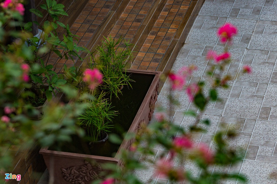 br/> Điểm nổi bật khác trong cấu trúc cách tân của công trình này là nền gạch sân không dùng gạch đỏ mà lát gạch trắng. Theo gia chủ, căn nhà ở trên cao dễ bắt nắng nên lát gạch trắng sẽ giảm đi, điều đó làm nền nhà mát hơn. Đồng thời, các vật trang trí sẽ nổi bật, không bị lẫn màu. Bậc thềm bước vào gian nhà cổ cũng được thay đổi, nhìn mới mẻ, hiện đại. "Mình duy trì và phát triển chứ không chỉ dựng lại như lối cổ xưa, cảnh quan phù hợp lối sống hiện tại, cách tân hơn", chị Liên giải thích thêm.