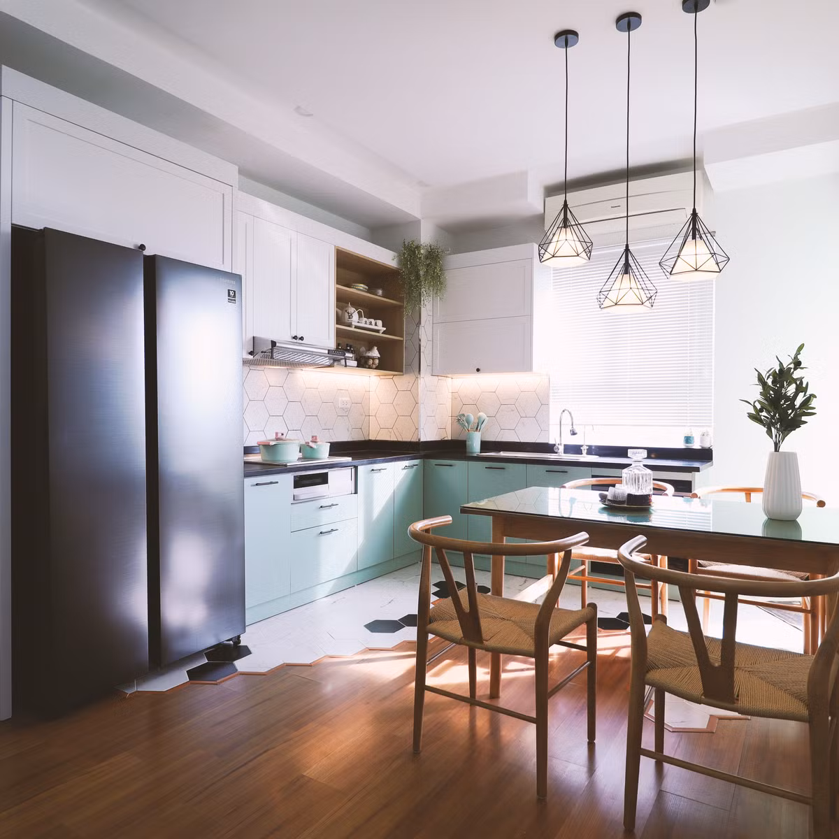 Kiến trúc sư sử dụng đèn thả trần làm điểm nhấn, chiếu sáng cho bàn ăn vào buổi tối thêm lãng mạn.