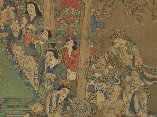 Những nhân vật này gồm các vị thần, tu sĩ, người tại gia và mẹ ruột của Đức Phật - Hoàng hậu Maya, tất cả đều thể hiện nỗi đau qua biểu cảm khóc lóc thảm thiết.