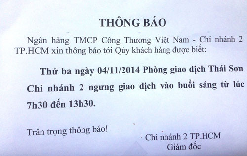Thông báo tạm ngưng hoạt động của ngân hàng Vietinbank, phòng giao dịch Thái Sơn, quận Gò Vấp.