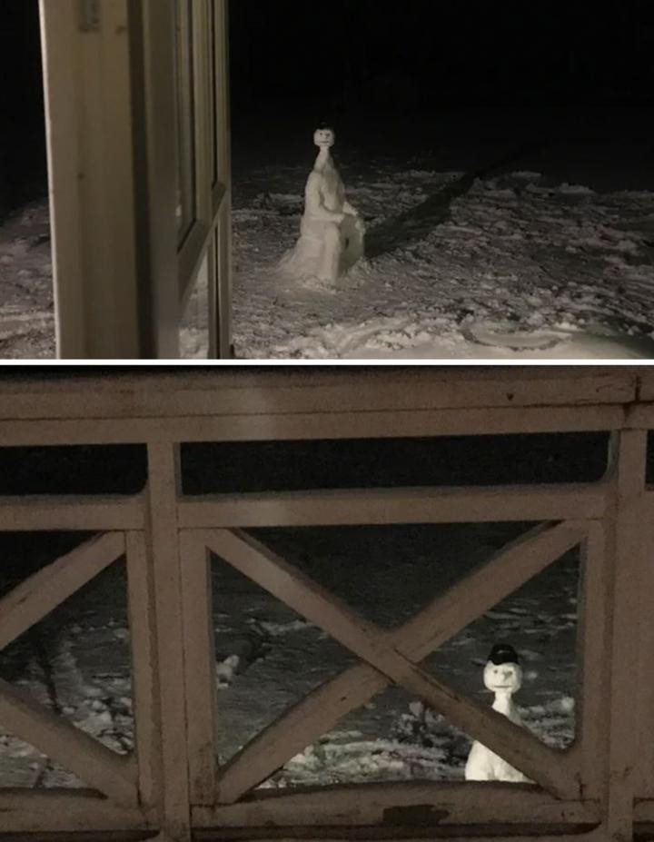 br/> Trong những mùa đông, nhiều quốc gia trên thế giới luôn bị bao phủ bởi lượng tuyết rơi dày đặc. Thêm vào đó, việc ở nhà tránh dịch đã làm rất nhiều người cảm thấy "ngứa chân, ngứa tay". Chính vì vậy mà lúc này nhiều nhà điêu khắc không chuyên đã ra đời với những tác phẩm người tuyết vô cùng "khó đỡ". Ảnh: Nặn hình người tuyết ở vị trí "đắc địa" thế này có ngày đứng tim nhé.