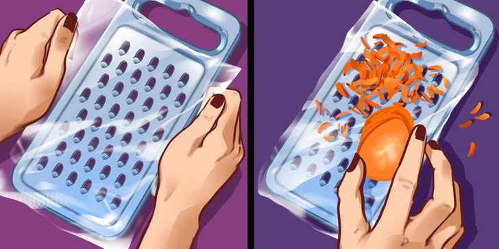 4. Không cần rửa dụng cụ bào rau củ sau khi sử dụng: Nếu bạn cảm thấy mệt mỏi với việc vệ sinh dụng cụ bào thực phẩm sau mỗi lần sử dụng, thì một miếng nilon không quá mỏng sẽ giúp bạn. Che dụng cụ bằng miếng nilon rồi bào các loại củ quả, sau đó, bạn chỉ cần vứt bỏ nilon mà không cần rửa lại.
