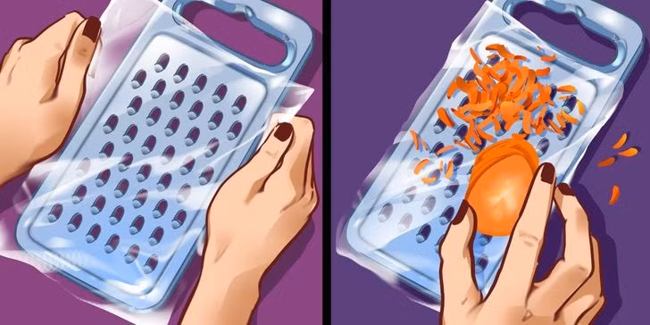 4. Không cần rửa dụng cụ bào rau củ sau khi sử dụng: Nếu bạn cảm thấy mệt mỏi với việc vệ sinh dụng cụ bào thực phẩm sau mỗi lần sử dụng, thì một miếng nilon không quá mỏng sẽ giúp bạn. Che dụng cụ bằng miếng nilon rồi bào các loại củ quả, sau đó, bạn chỉ cần vứt bỏ nilon mà không cần rửa lại.