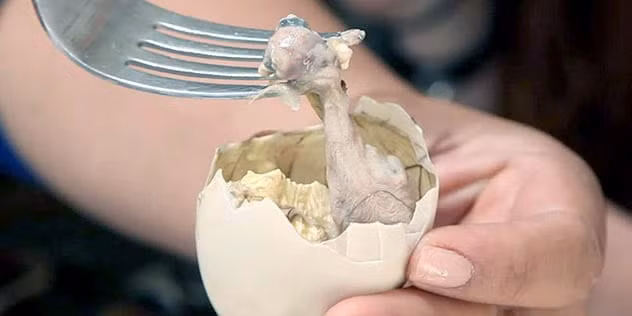 Trứng vịt lộn: Trứng vịt lộn là một món ăn đường phố phổ biến có thể tìm thấy ở nhiều khu chợ ở Trung Quốc. Trứng được luộc trong khoảng 25 phút và được ăn khi trứng vẫn còn ấm. Phần lòng đỏ rất béo ngậy và thơm ngon. Nhưng với du khách nước ngoài, đặc biệt là người phương Tây sẽ rất sợ hãi khi nhìn thấy món ăn này.