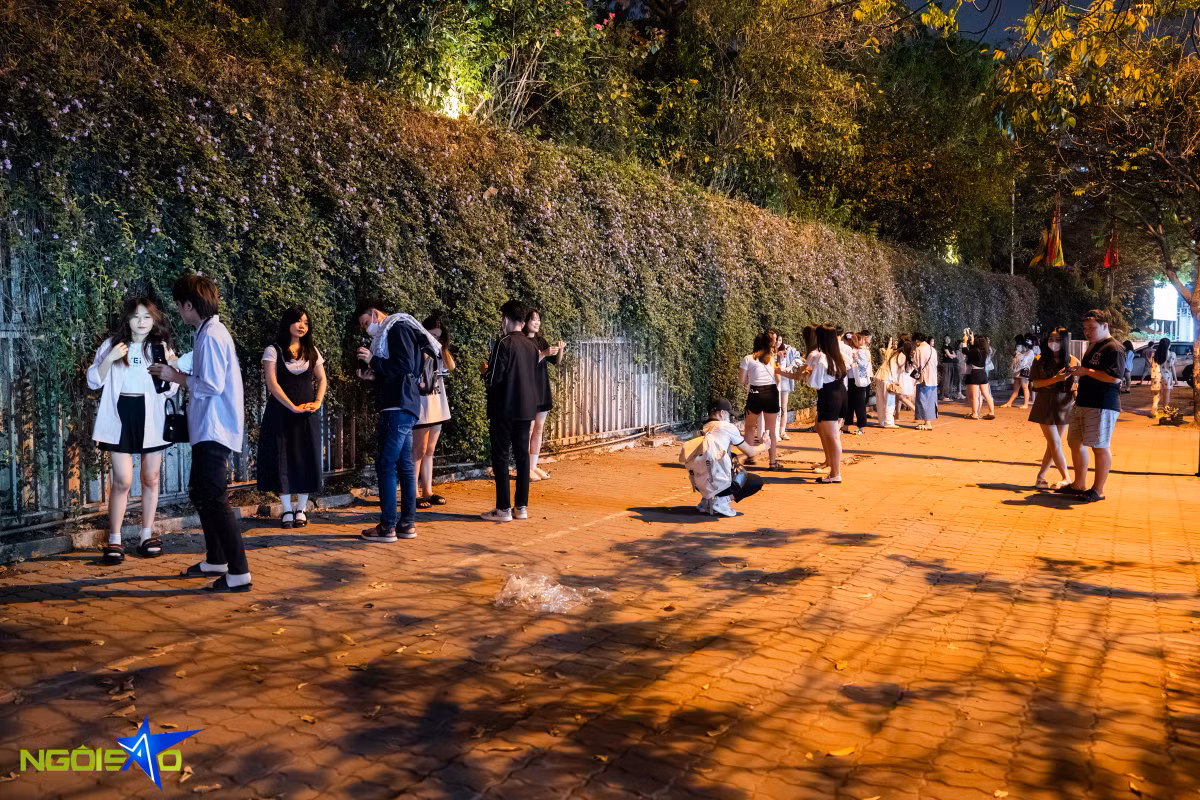 Những ngày gần đây, qua các đoạn video review trên mạng xã hội, giàn hoa ngũ sắc tím trên đường Miếu Đầm, quận Nam Từ Liêm bất ngờ nổi tiếng, trở thành điểm thu hút giới trẻ đến chụp ảnh vào ban đêm.