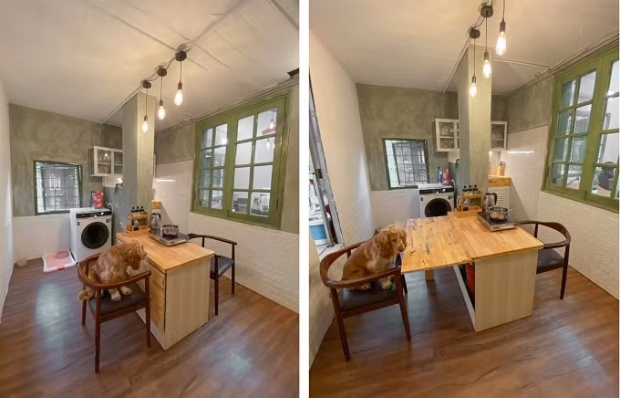 Bàn ăn tự chế có thể mở lên để tăng diện tích khi có khách đến ăn cơm. Chiếc bàn vừa là nơi ăn uống, vừa là nơi chế biến thức ăn. Từ bếp có lối cửa ra ban công phơi đồ.