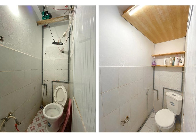 Nhà tắm được lắp nóng lạnh, bơm tăng áp, vòi sen, thay bồn vệ sinh mới và đóng thêm kệ đựng dầu gội đầu, dầu tắm... Khi mới nhận nhà, Nhật cải tạo nhà tắm 1 lần nên lần này anh không mất quá nhiều công sức.