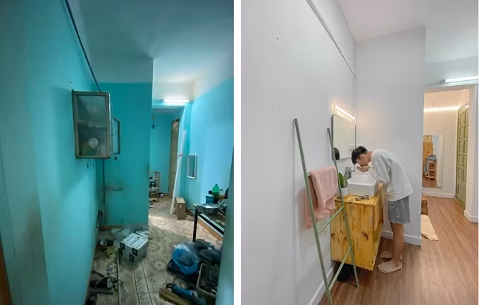 Chỗ này ngày xưa là bếp với chỗ rửa bát được cải tạo thành bồn rửa mặt vì nhà tắm quá bé.