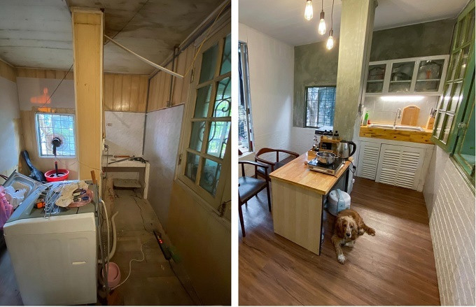 Phòng này là khá xuống cấp nên muốn lát được sàn gỗ Nhật phải chải một lớp tôn trước. Sau đó, anh lắp ống nước từ trong nhà tắm ra. Khu bếp này Nhật làm trong 2 ngày.