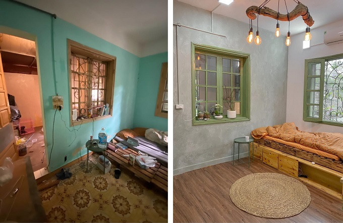 Nhật chia sẻ, gỗ làm nội thất khoảng 4 triệu, sơn 3 triệu, thiết bị điện nước 6 triệu, sàn gỗ 4,2 triệu, đồ lặt vặt khác hơn 2 triệu. Chi phí trên chưa tính phần đồ nội thất máy giặt, tivi, đèn bàn học. Ảnh: Nhật gỡ song sắt cửa sổ, sơn khung màu xanh cốm. Khi mở cửa là thông ra bếp nhìn khá thoáng. Giường ngủ pallet kê trên tủ gỗ thông.