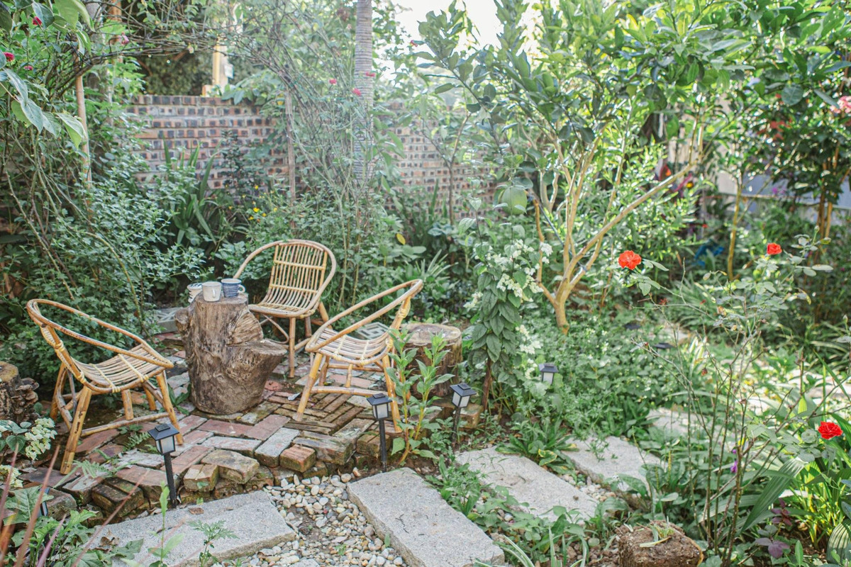 Cảnh quan sân vườn trên cao, bố trí thẩm mỹ với đường đi trải sỏi.