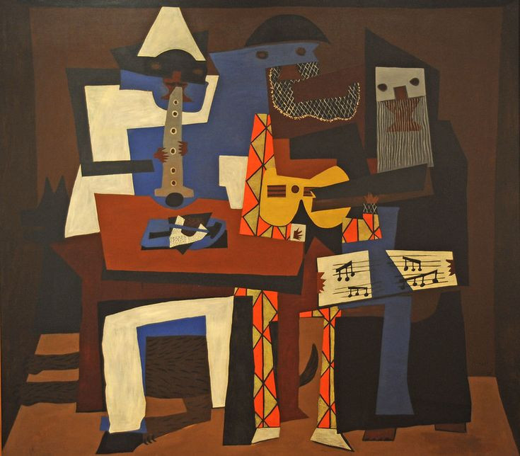 7. Three Musicians (1921). Tác phẩm này thuộc phong cách Lập thể, với ba nhân vật là các nhạc sĩ, được tạo hình bằng các mảng màu và hình học phức tạp. Đây là một ví dụ điển hình của Lập thể tổng hợp, nơi các hình dạng và màu sắc được kết hợp thành một bức tranh hài hòa nhưng không thực tế. Ảnh: Pinterest.