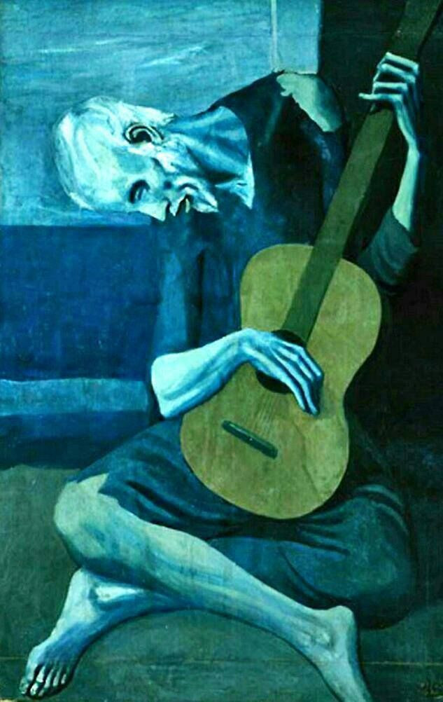  6. The Old Guitarist (1903–1904). Bức tranh vẽ một người đàn ông già gầy gò đang chơi guitar, trong một không gian tĩnh lặng và đầy buồn bã, cũng thuộc giai đoạn Xanh lam, biểu hiện sự cô đơn và khổ đau của con người trong cảnh nghèo khó. Ảnh: Pinterest.