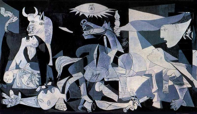  2. Guernica (1937). Đây là bức tranh nổi tiếng nhất của Picasso, mô tả sự tàn phá của thị trấn Guernica trong cuộc nội chiến Tây Ban Nha, với các hình ảnh tượng trưng của đau thương và bạo lực. Đây là một trong những tác phẩm chống chiến tranh mạnh mẽ nhất trong lịch sử. Ảnh: Pinterest.
