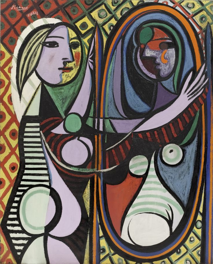  4. Girl Before a Mirror (1932). Đây là một trong những tác phẩm tiêu biểu của Picasso về chủ đề phụ nữ, với hình ảnh một cô gái đang nhìn vào gương, phản chiếu sự mâu thuẫn giữa thực tại và cái tôi bên trong. Ảnh: Pinterest.