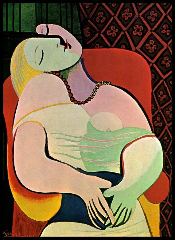  14. The Dream (Le Rêve) (1932). Một tác phẩm nổi tiếng với hình ảnh phụ nữ trong trạng thái mơ mộng, với các đường nét Lập thể. Le Rêve" được xem là một trong những bức tranh đẹp nhất của Picasso, mang tính biểu tượng về sự nữ tính và gợi cảm. Ảnh: Pinterest.