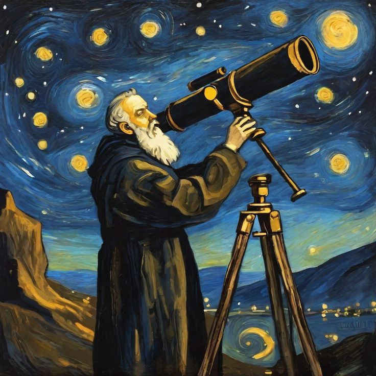  2. Kính thiên văn của Galileo Galilei (1609). Galileo Galilei sử dụng kính thiên văn để quan sát các thiên thể như Mặt Trăng, sao Mộc và các vệ tinh của nó. Khám phá của Galileo chứng minh rằng các thiên thể không hoàn hảo và bất biến, đặt nền móng cho thiên văn học quan sát hiện đại. Ảnh: Pinterest.