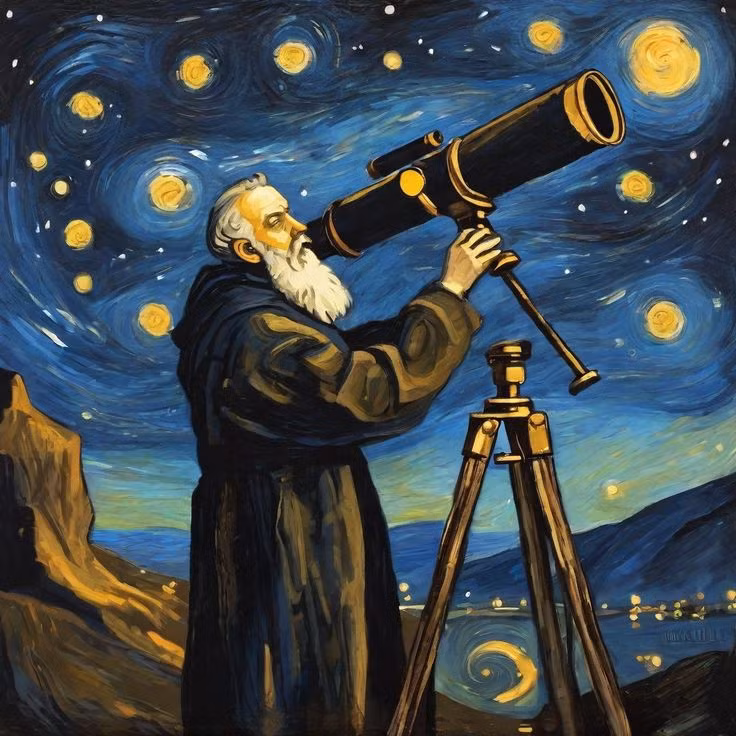 2. Kính thiên văn của Galileo Galilei (1609). Galileo Galilei sử dụng kính thiên văn để quan sát các thiên thể như Mặt Trăng, sao Mộc và các vệ tinh của nó. Khám phá của Galileo chứng minh rằng các thiên thể không hoàn hảo và bất biến, đặt nền móng cho thiên văn học quan sát hiện đại. Ảnh: Pinterest.