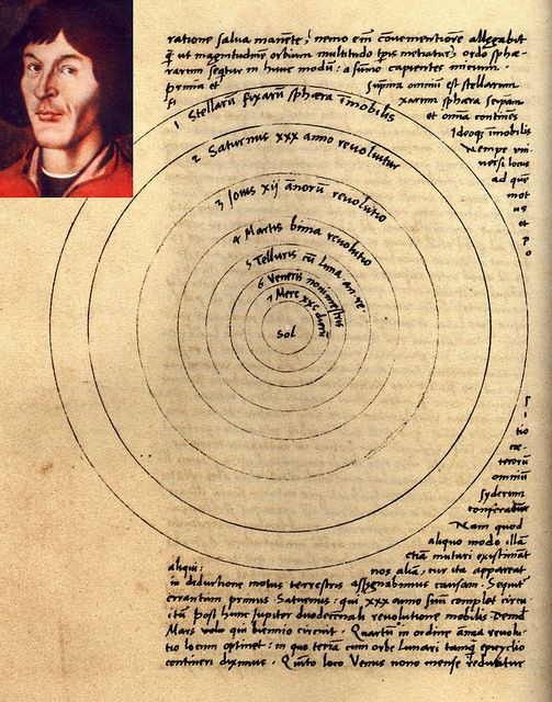  1. Mô hình nhật tâm của Copernicus (Thế kỷ 16). Nicolaus Copernicus đề xuất mô hình nhật tâm, cho rằng Mặt Trời là trung tâm của hệ Mặt Trời, thay thế mô hình địa tâm của Ptolemy. Khám phá này đánh dấu bước ngoặt quan trọng trong cách con người nhìn nhận vị trí của Trái Đất và vũ trụ. Ảnh: Pinterest.