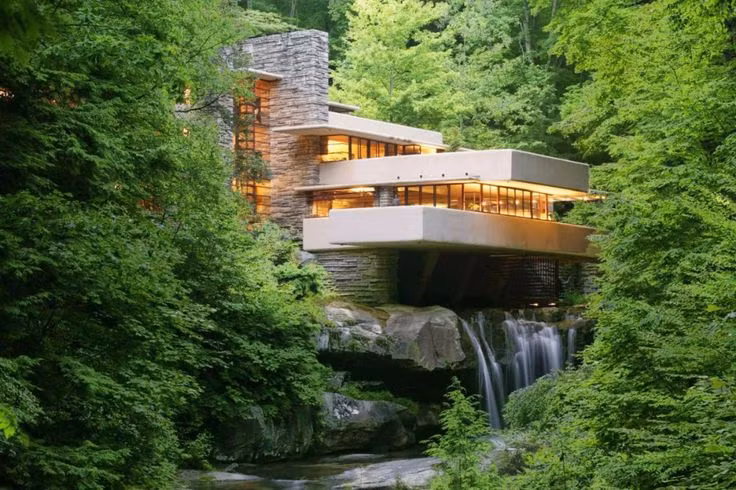 5. Nhà kính Fallingwater (Pennsylvania, Hoa Kỳ). Năm hoàn thành: 1939. Đặc điểm: Được xây dựng ngay trên một thác nước, Fallingwater là một ví dụ nổi bật về sự hòa quyện giữa kiến trúc và thiên nhiên, trở thành một trong những công trình nhà ở nổi tiếng nhất của thế kỷ 20. Ảnh: Pinterest.