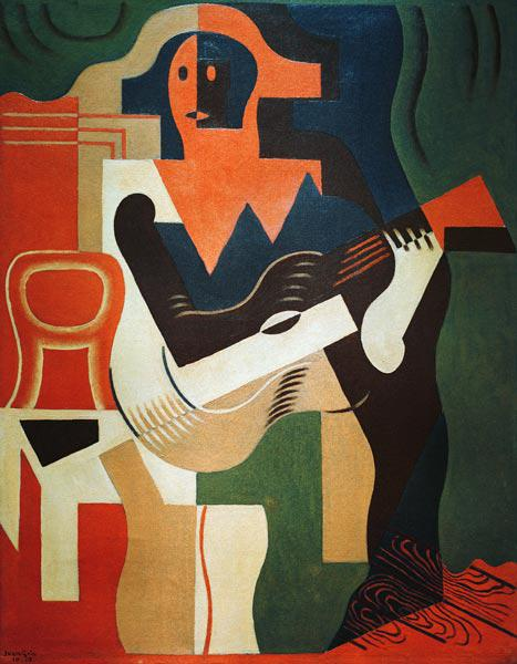  8. Harlequin with a Guitar (1919) – Juan Gris. Juan Gris, một trong những nghệ sĩ quan trọng nhất của phong cách lập thể, đã sử dụng các hình khối rõ ràng và màu sắc rực rỡ để vẽ Harlequin (anh hề) cầm cây đàn guitar. Bức tranh này kết hợp cả chủ nghĩa lập thể phân tích và lập thể tổng hợp. Ảnh: Pinterest.