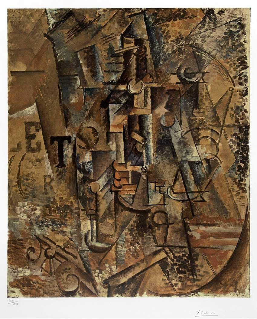  9. Still Life with a Bottle of Rum (1911) – Pablo Picasso. Bức tranh này là một ví dụ điển hình của chủ nghĩa lập thể phân tích, trong đó các vật thể, như chai rượu và cốc, được chia thành các hình khối trừu tượng với màu sắc đơn sắc. Ảnh: Pinterest.